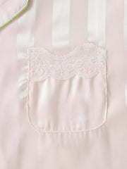 Striped Satin PJ Set Long Sleeve Top & Lace Trim Pants Sleepwear