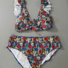 Floral Print Ruffle Trim Backless Plus Size Retro Bikini Set