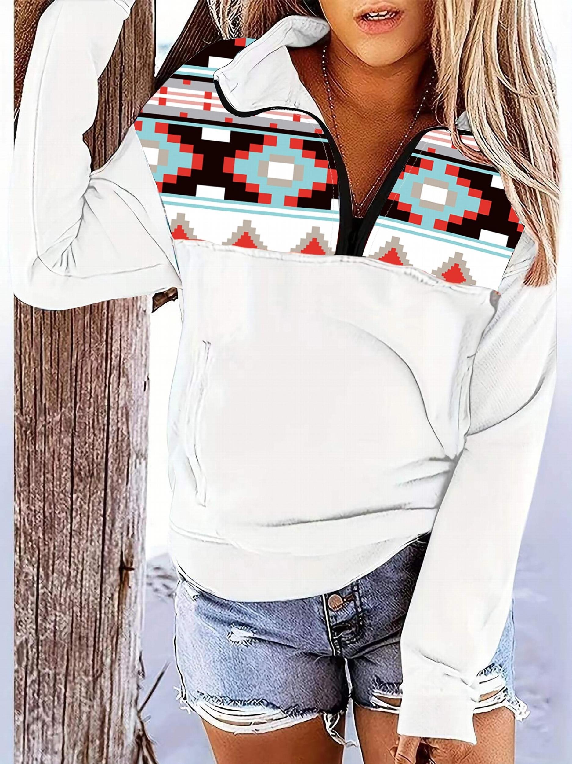 Boho Pattern Stitching Long Sleeve Zip Up Pockets Hoodie