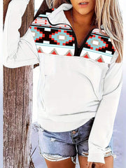 Boho Pattern Stitching Long Sleeve Zip Up Pockets Hoodie
