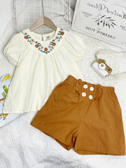 Girls Puff Sleeve Flowers Embroidery Blouse Top & Button Ruffles Shorts