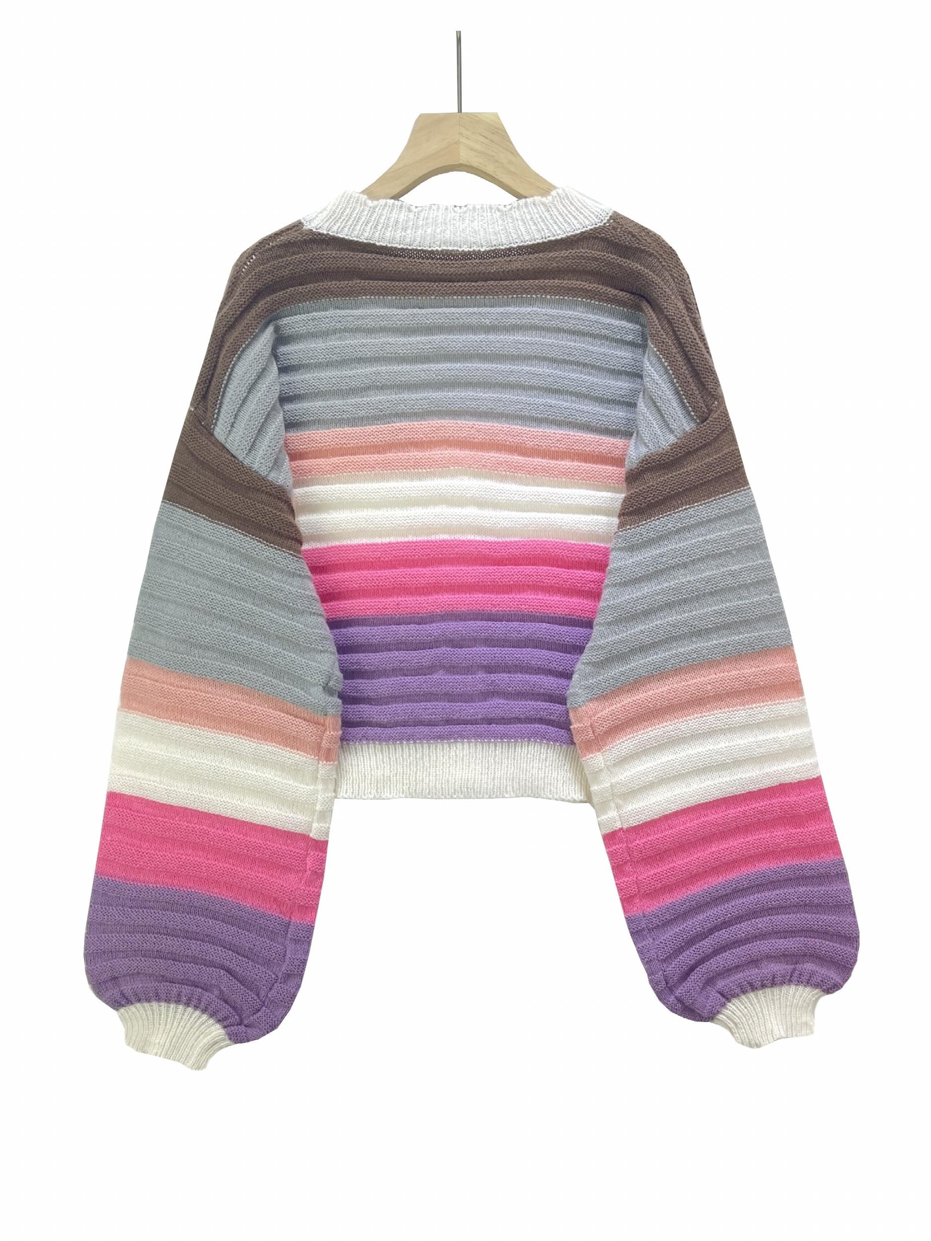 Striped Button Up Scallop Trim Cardigan Casual Long Sleeve Sweater