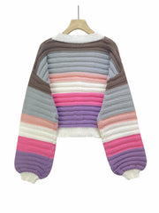 Striped Button Up Scallop Trim Cardigan Casual Long Sleeve Sweater