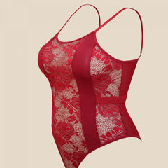 Plus Floral Mesh Striped Semi Sheer Cami Teddy Bodysuit