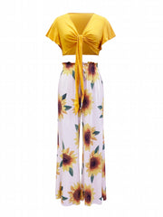 Spring/Summer 2pc Set Cropped Ruffle Trim Tops & Sunflower Wide Leg Pants