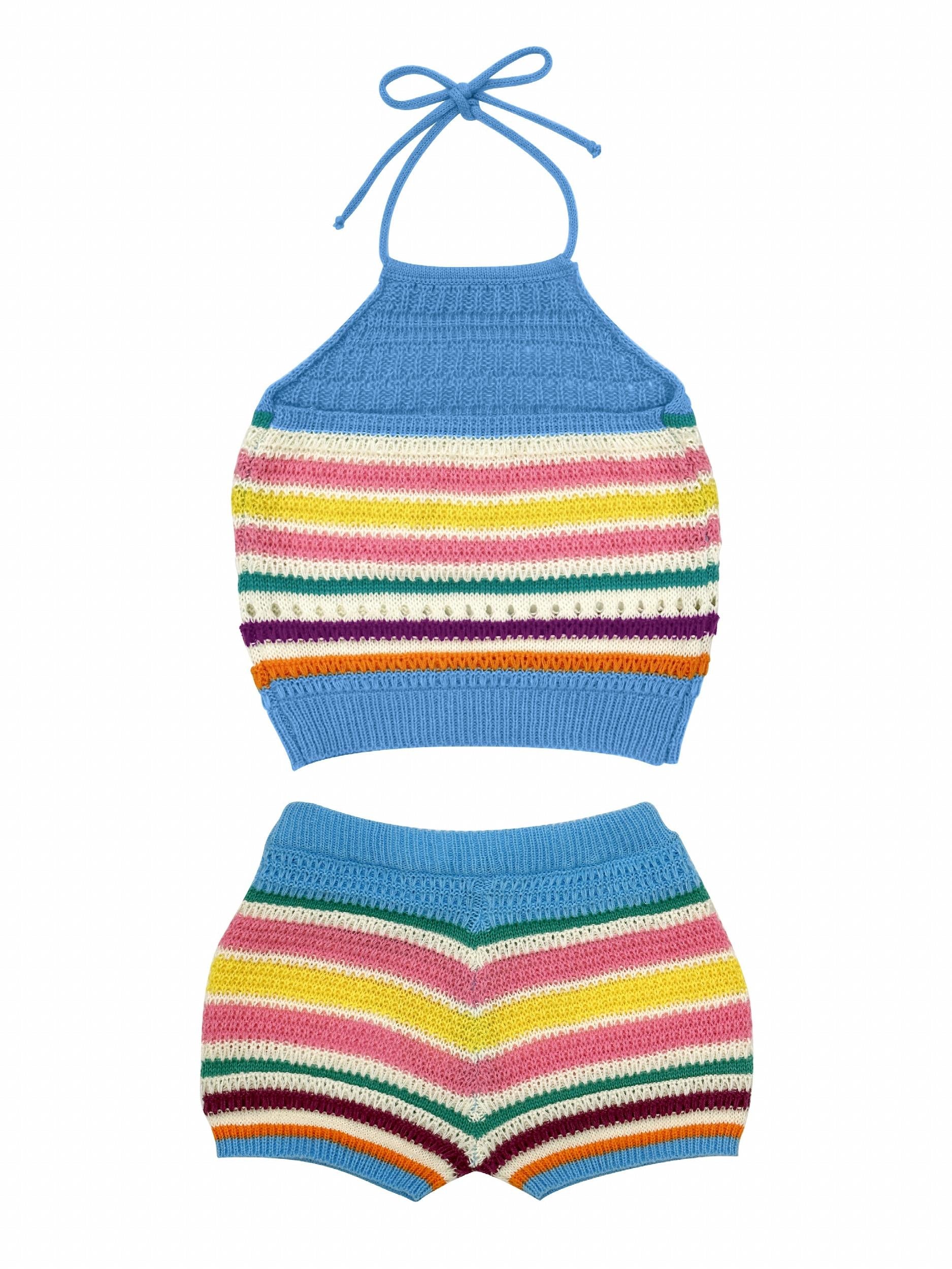 Striped Print Two piece Set Y2K Halter Top & Shorts