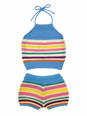 Striped Print Two piece Set Y2K Halter Top & Shorts