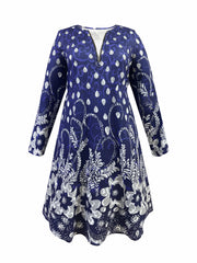Floral Print Half Zipper Long Sleeve Round Neck A-line Dress