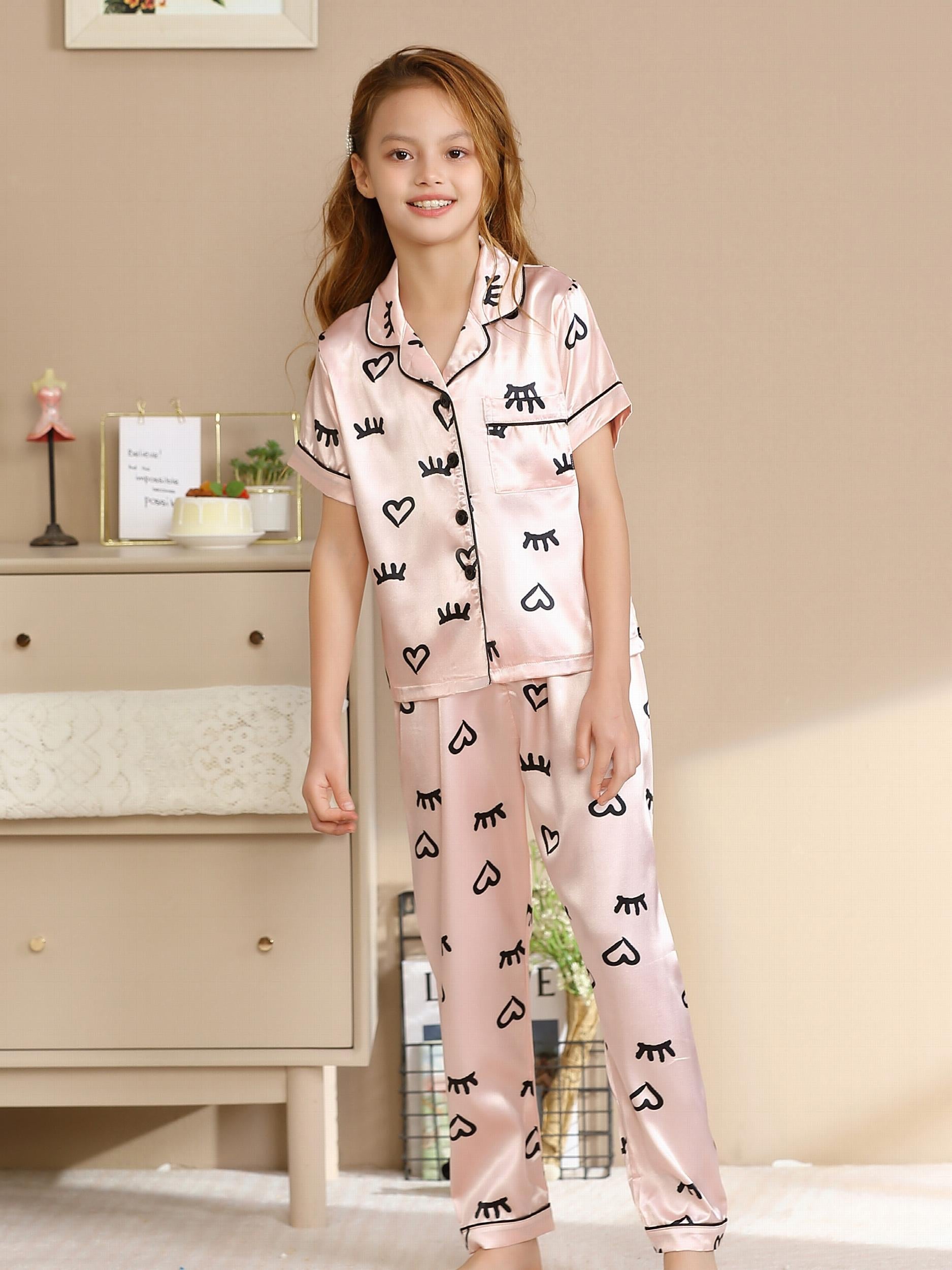 Girls Satin Lounge Wear Long Sleeve Top & Pants Set Pajamas Set Kids Clothes