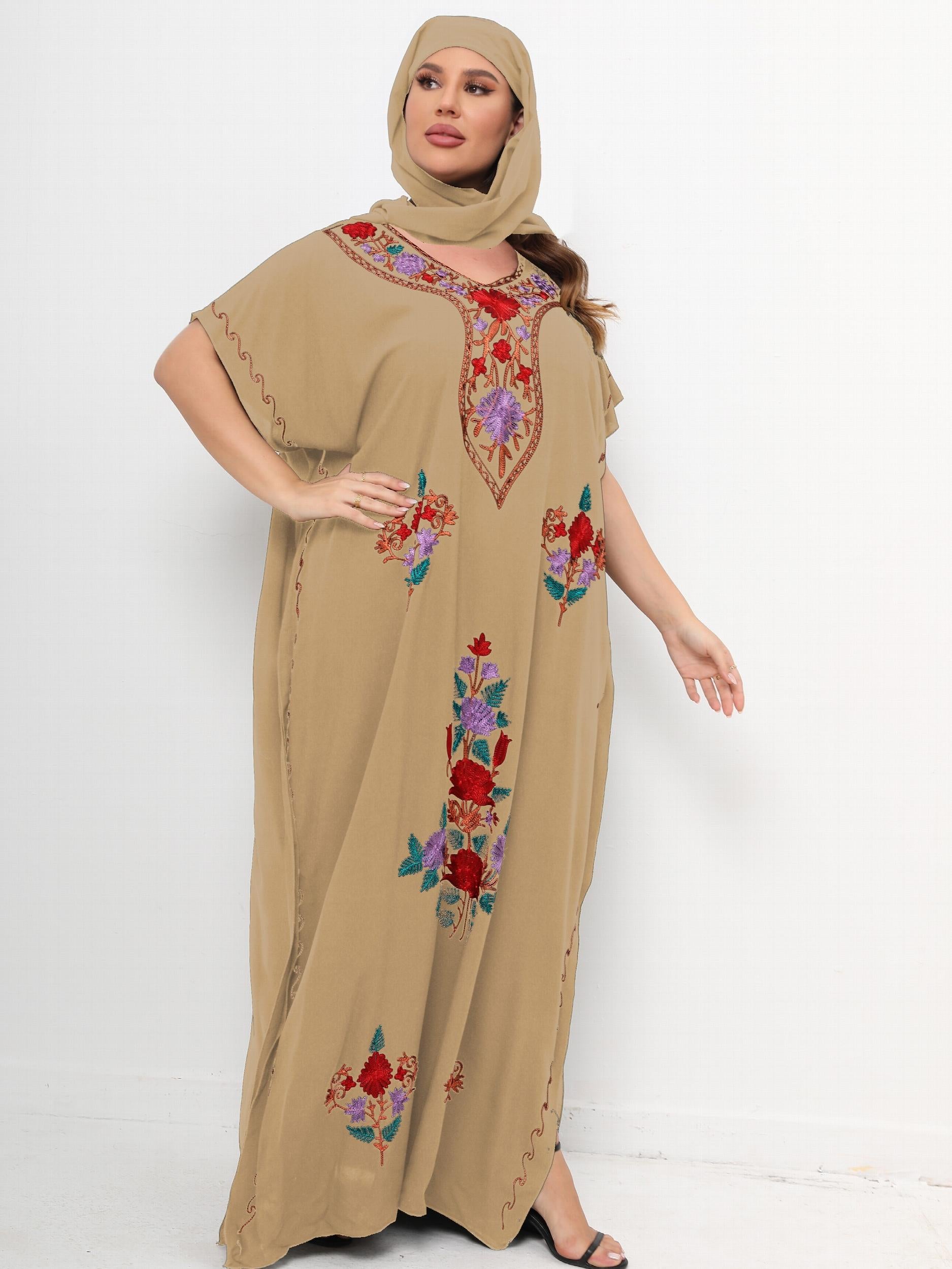 Women's Plus Boho Kaftan Dress Floral Embroidered Batwing Sleeve V Neck Maxi