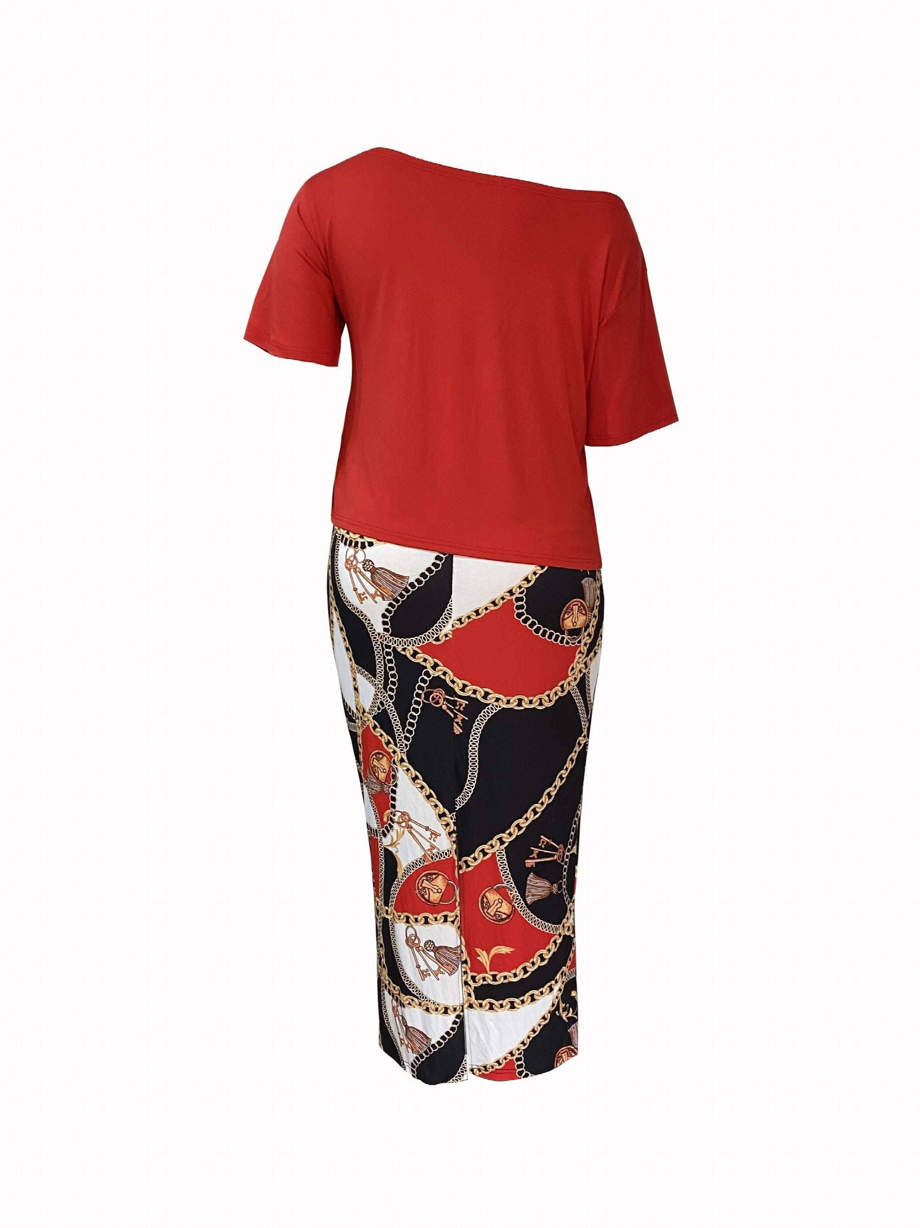 Women's Letter & Chain Print Top & Skirt Set