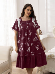 Nightdress Women's Plus Floral Print Lace Trim Short Sleeve