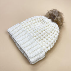 Gray Pom Pom Decor Beanie Ribbed Knitted Knit Hat Thick Warm Ski Hats For Women