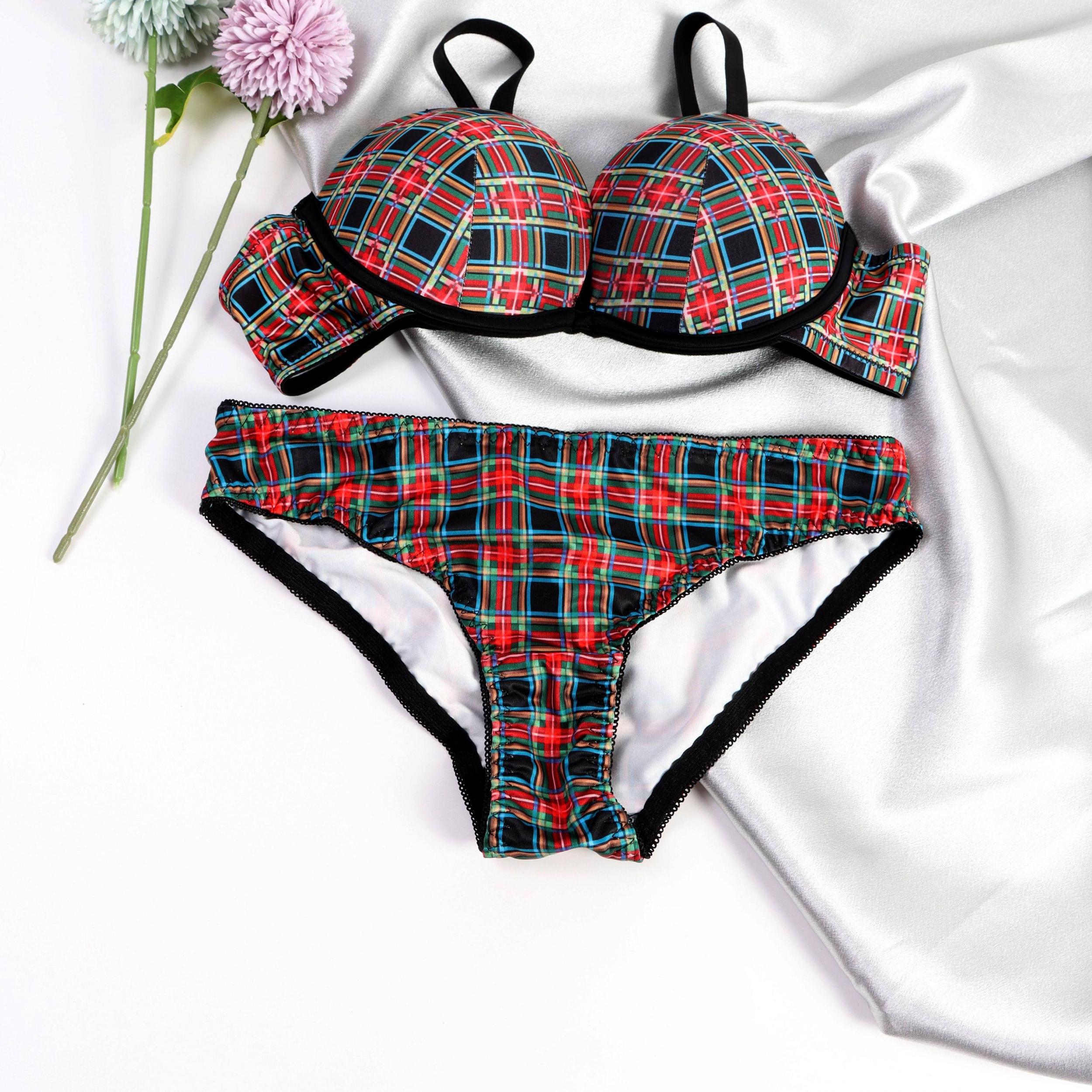 Colorblock Plaid Bra & Panties Lingerie Set