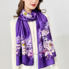Purple Floral Silk Scarf 180x70cm Lightweight Hand Washable for Suits