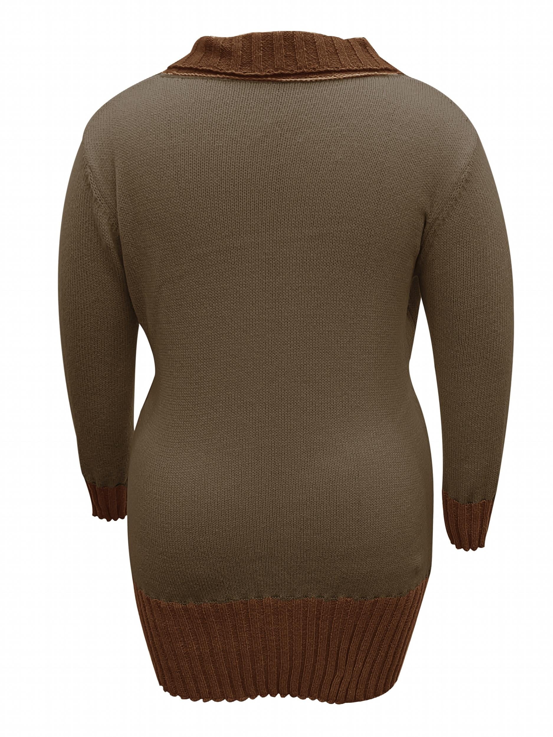 Colorblock Cable Button V-Neck Mini Sweater Dress