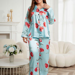 Satin Floral Print Pajama Set Long Sleeve Shirt & Pants Two Piece