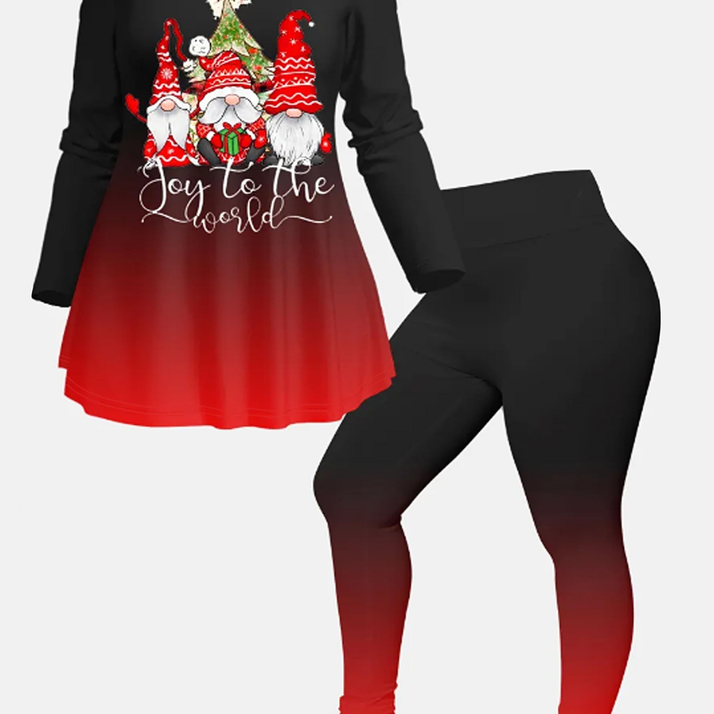 Women's Plus Ombre & Gnomes Print Peplum Top & Leggings Outfit Set