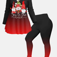 Women's Plus Ombre & Gnomes Print Peplum Top & Leggings Outfit Set