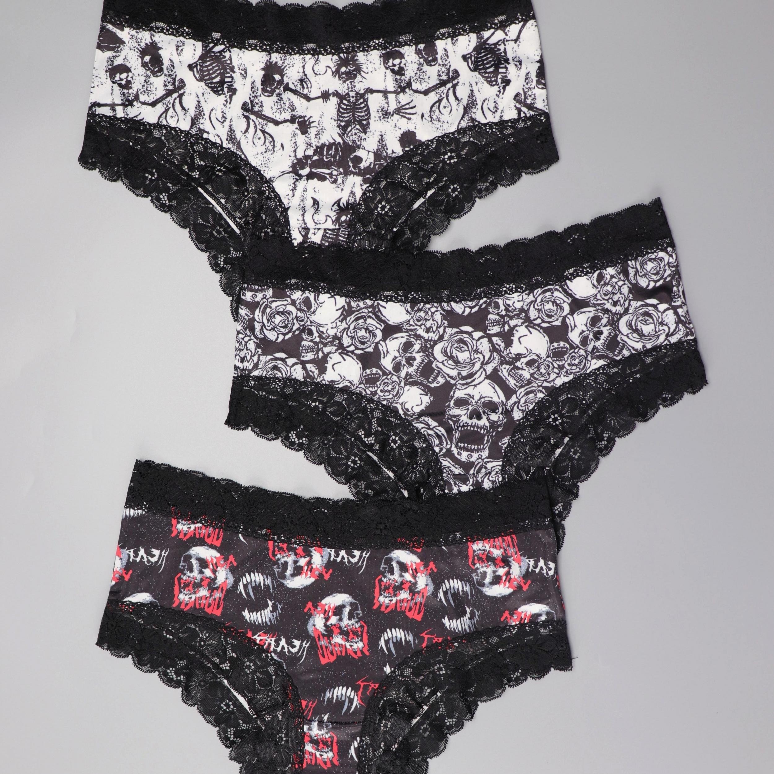 3pcs Gothic Lace Hipster Panties Halloween Skull Print Intimates