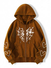 Gothic Heart Print Zip Up Hoodie Casual Long Sleeve Hoodies
