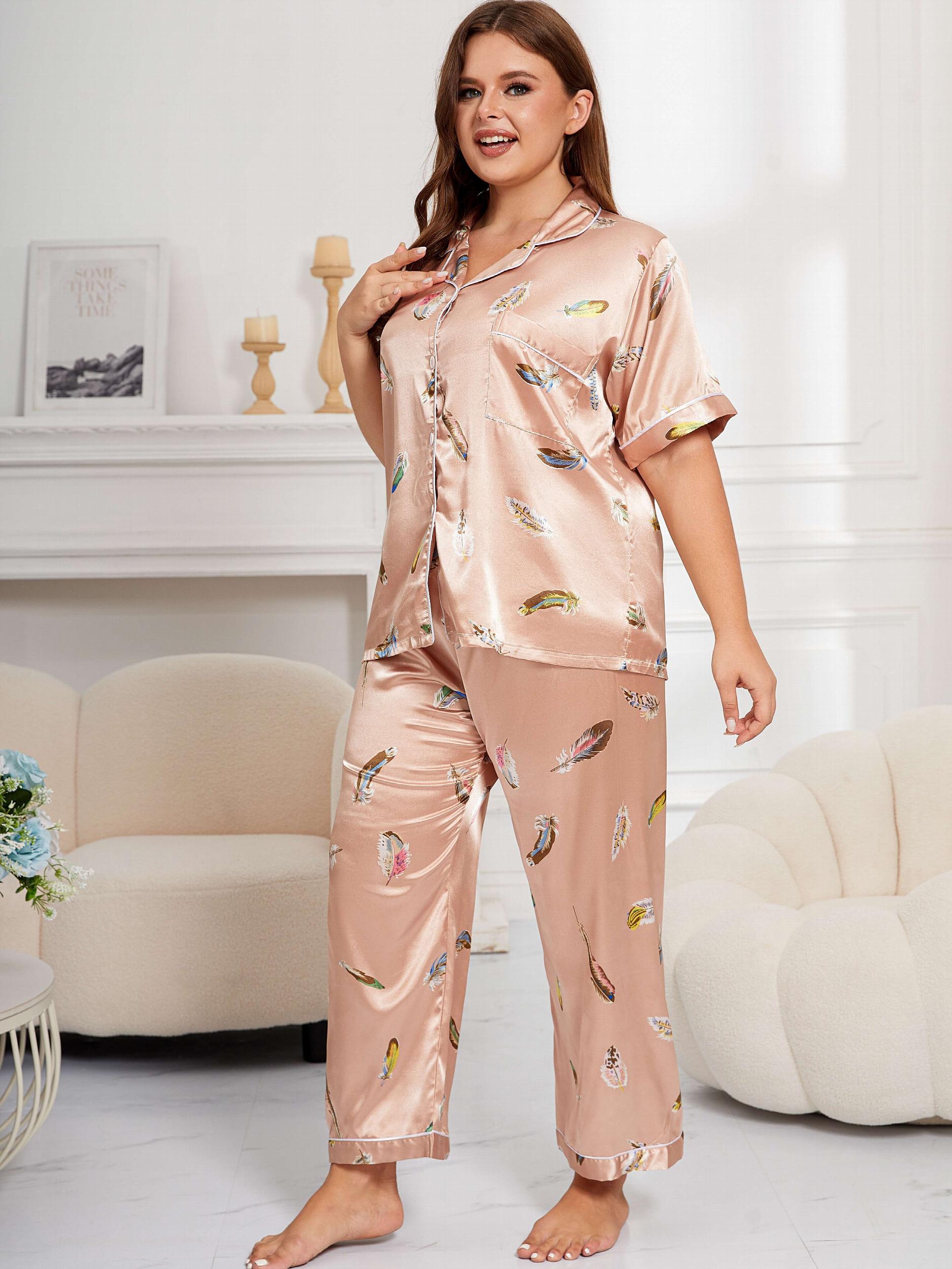 Feather Print Button Up Shirt & Pants Pajama Set