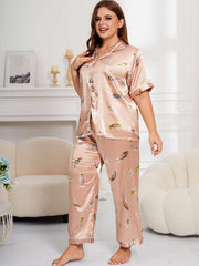 Feather Print Button Up Shirt & Pants Pajama Set