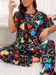 Heart Print Pajama Set Short Sleeve Tee & Pants Lounge Two Piece
