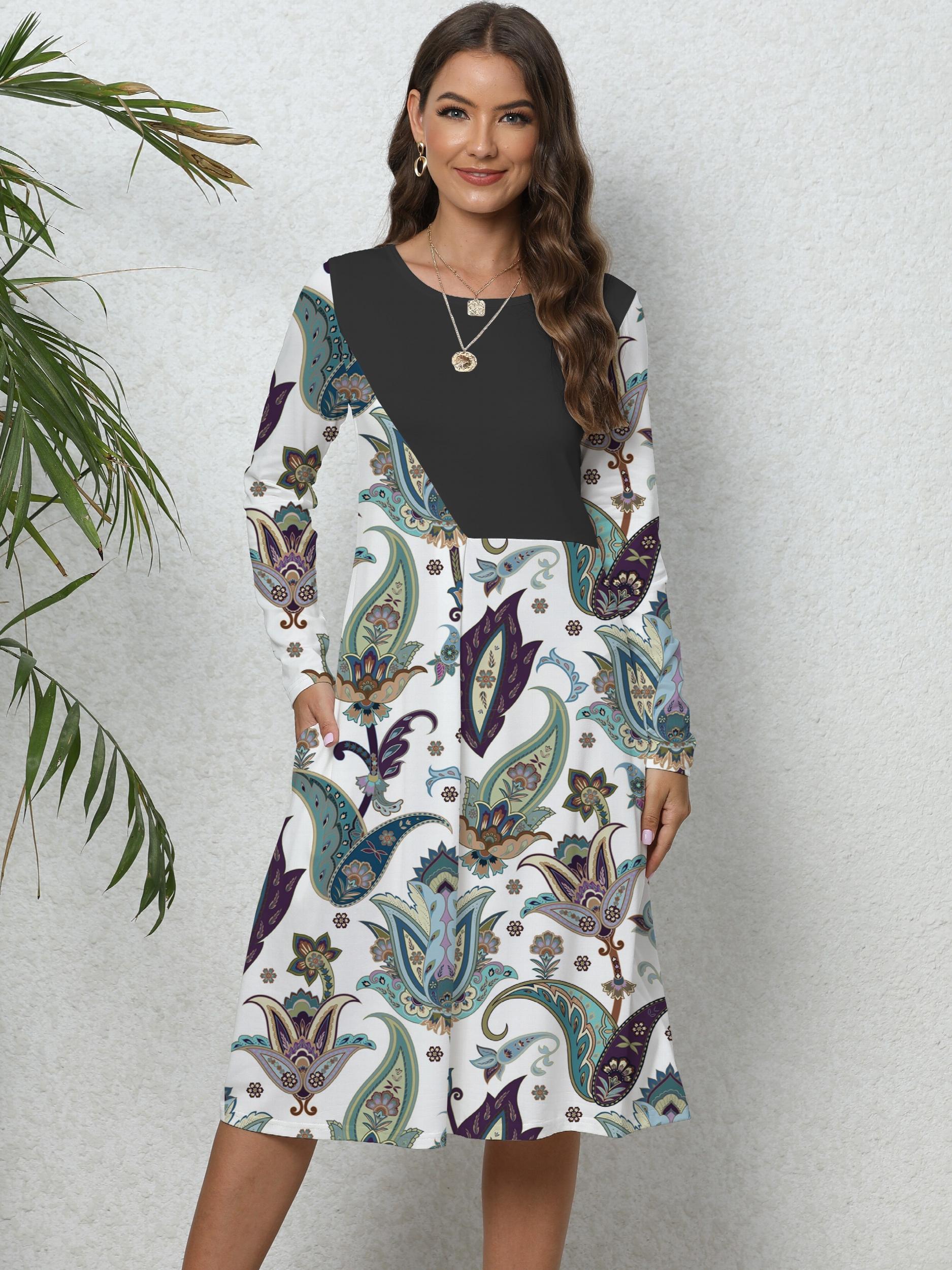 Women's Plus Colorblock Floral Print Long Sleeve Round Neck Dress With Pockets