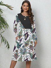 Women's Plus Colorblock Floral Print Long Sleeve Round Neck Dress With Pockets
