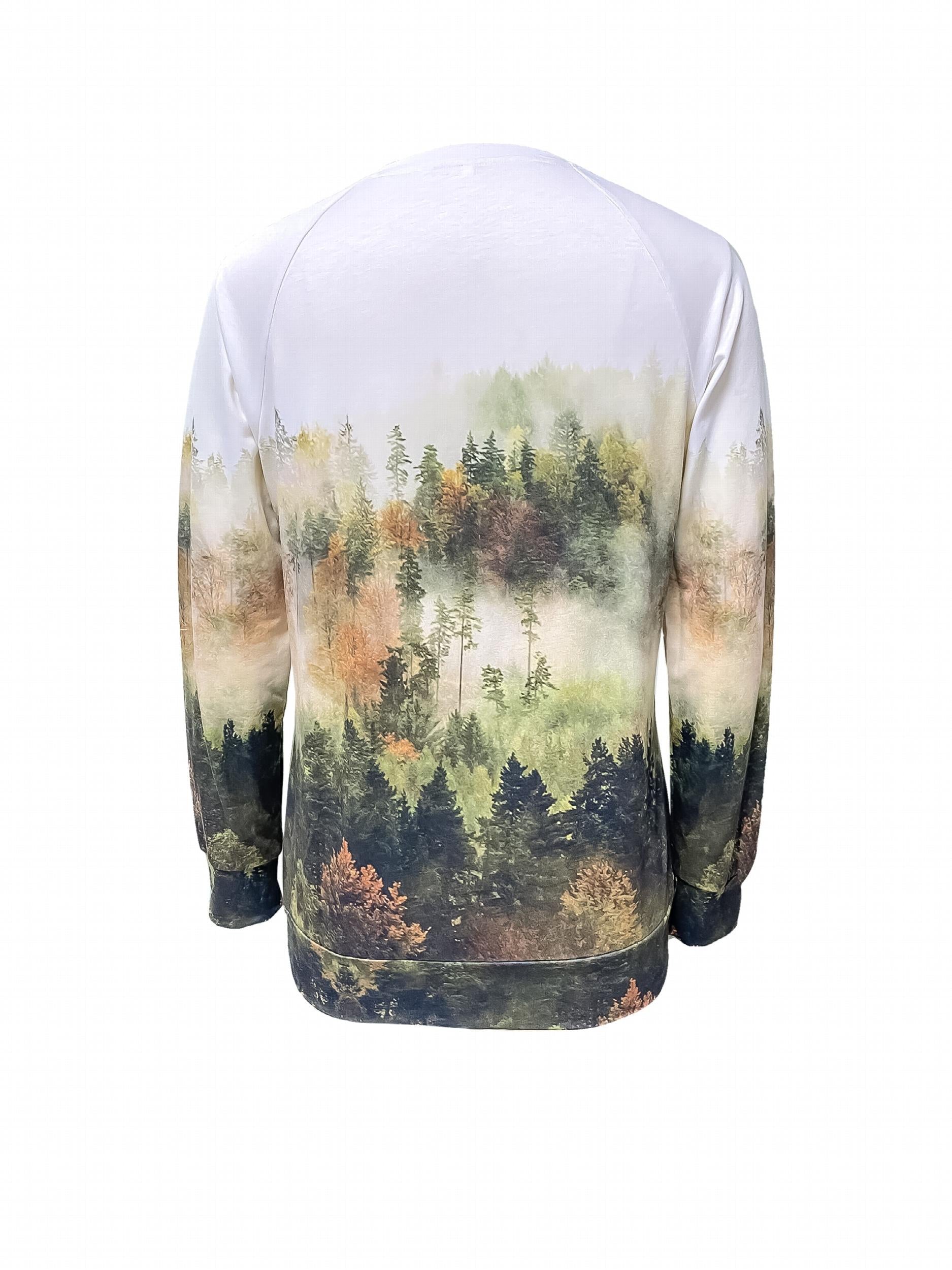 Forest Print Pullover Sweatshirt Long Sleeve Crew Neck Women's Clothing
