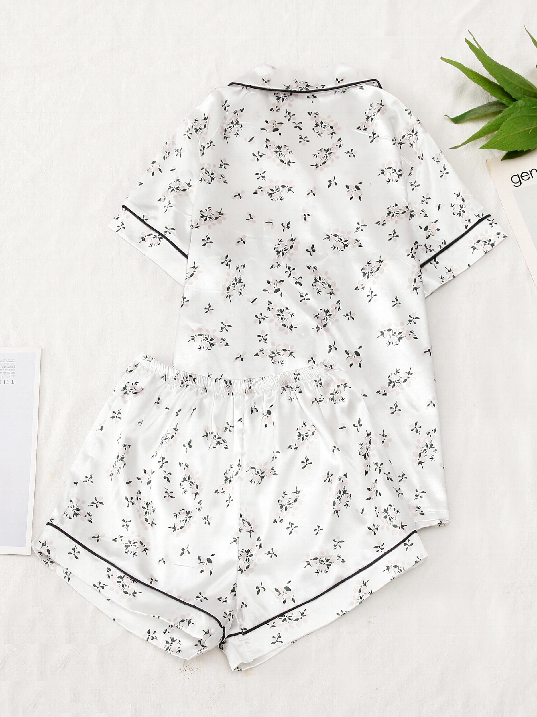 Flower Print Satin Pajama Set Comfy Short Sleeve Pocket Lapel Top & Bow Shorts
