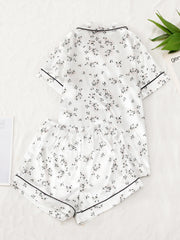Flower Print Satin Pajama Set Comfy Short Sleeve Pocket Lapel Top & Bow Shorts