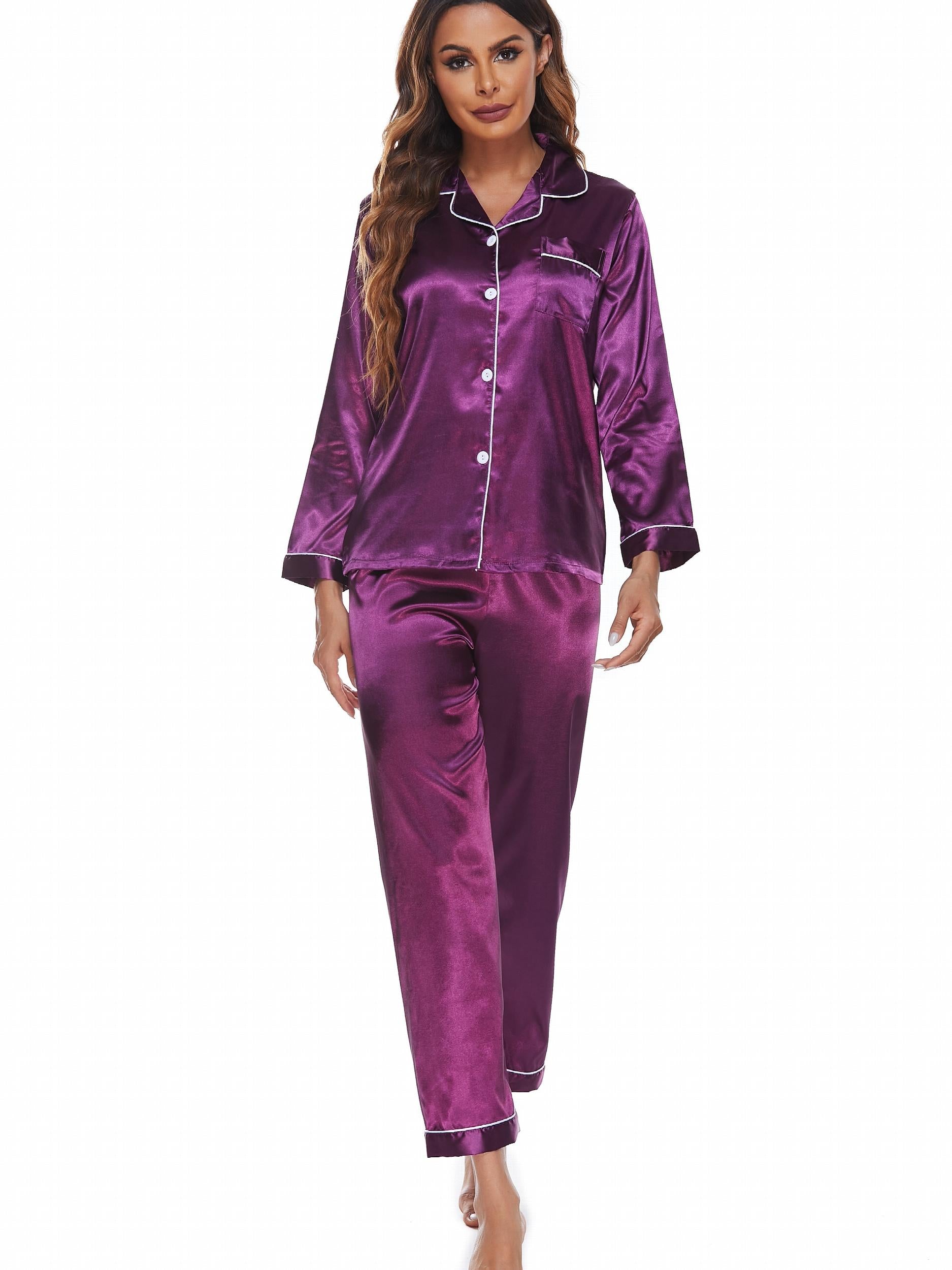 Satin Pajama Set Long Sleeve Button Up Top & Elastic Waistband Pants