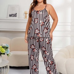 Striped & Floral Print Cami Top & Pants Lounge Set
