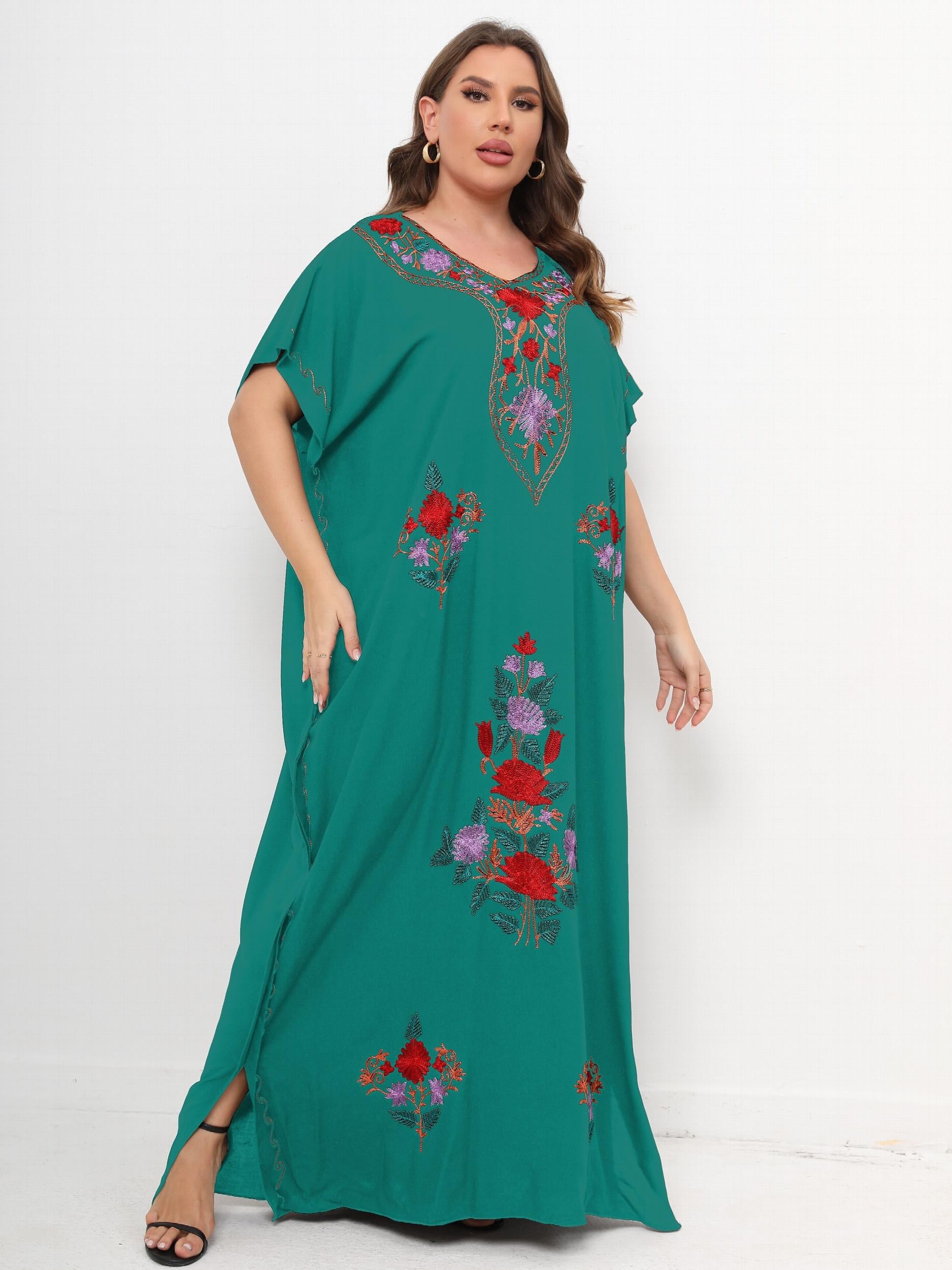 Women's Plus Boho Kaftan Dress Floral Embroidered Batwing Sleeve V Neck Maxi