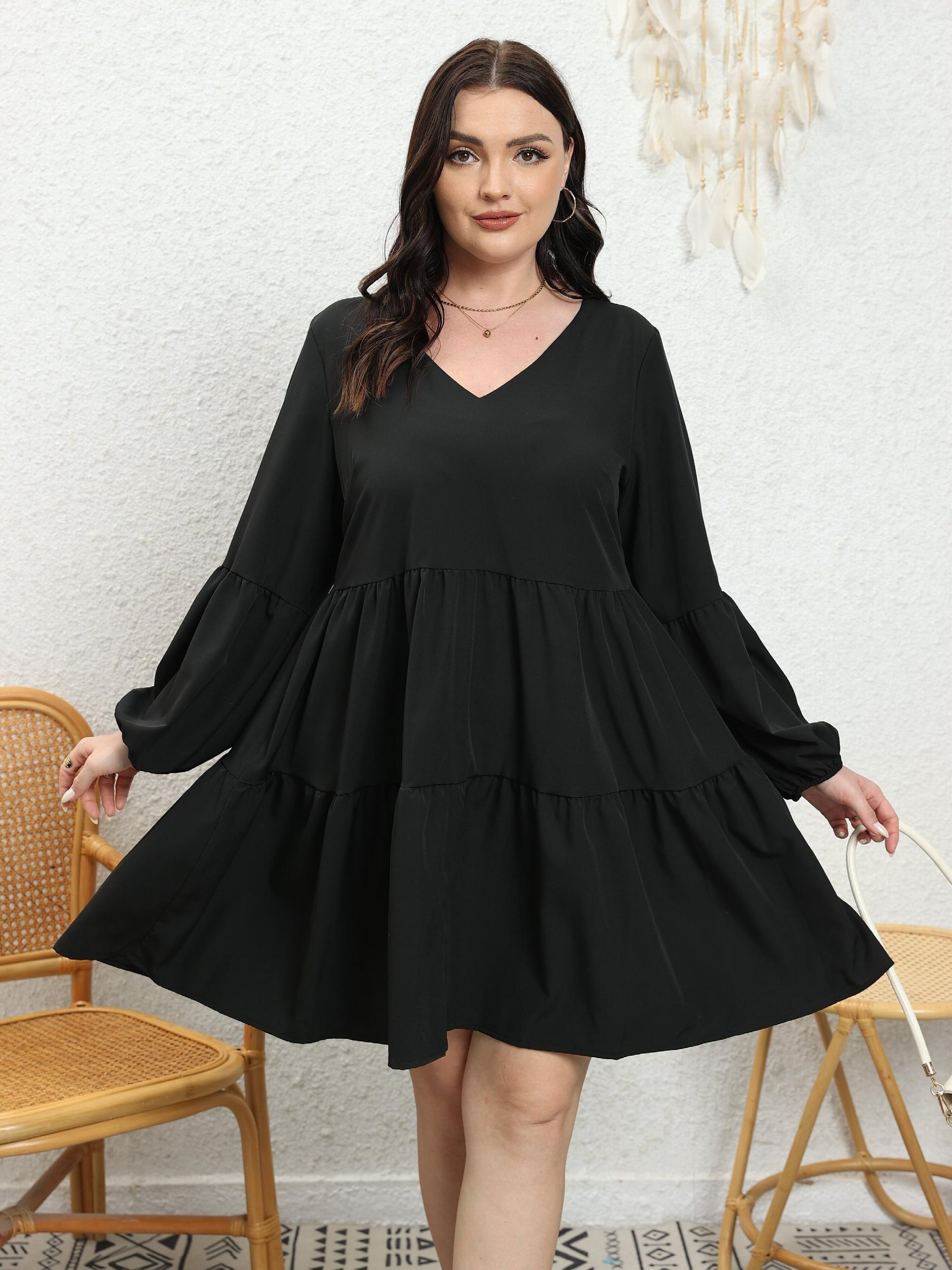 V Neck Mini Smock Dress Lantern Sleeve