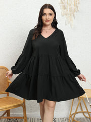 V Neck Mini Smock Dress Lantern Sleeve