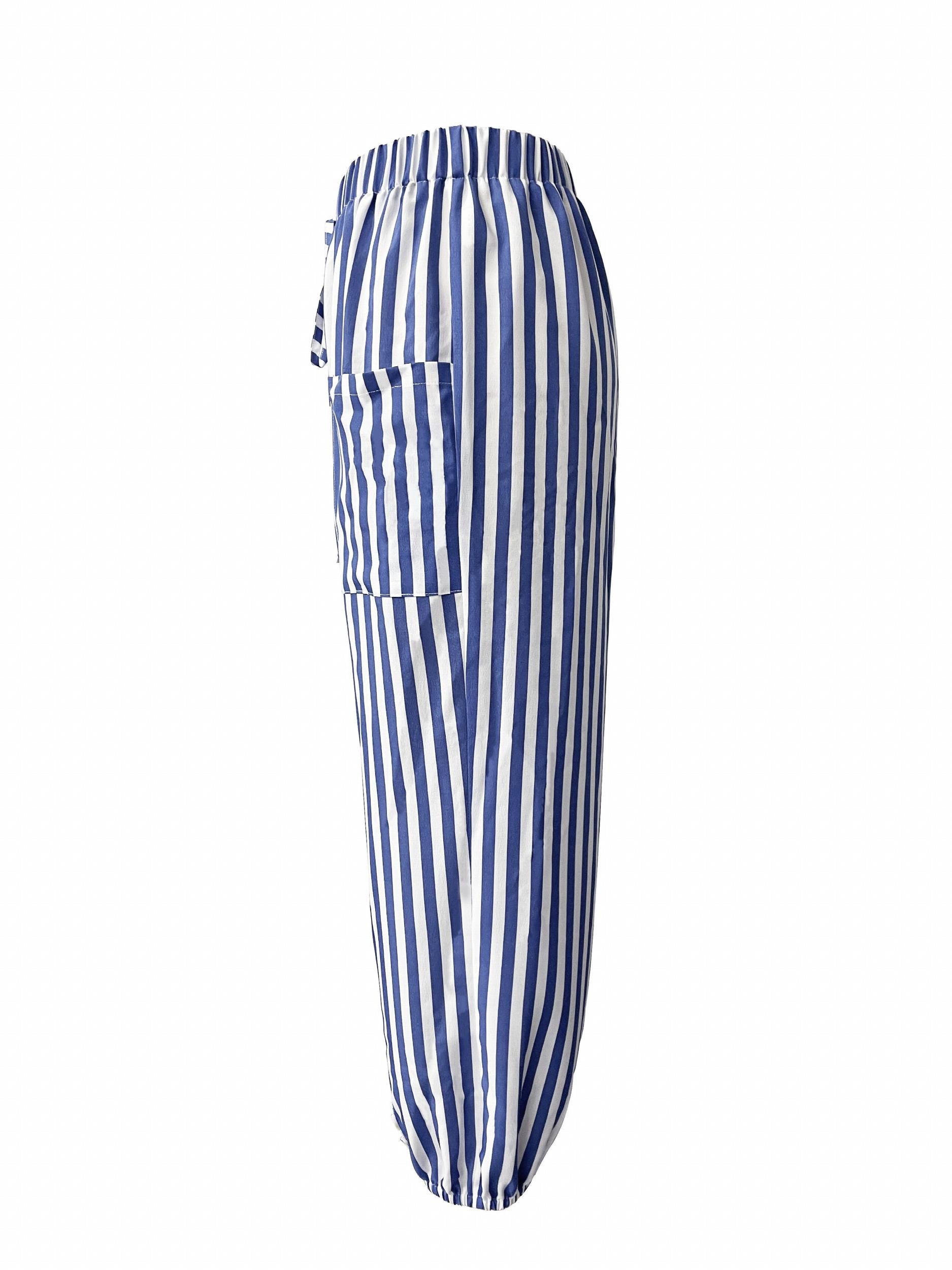 Striped Patched Pockets Drawstring Pants Casual Loose Button Decor Pants