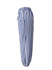 Striped Patched Pockets Drawstring Pants Casual Loose Button Decor Pants