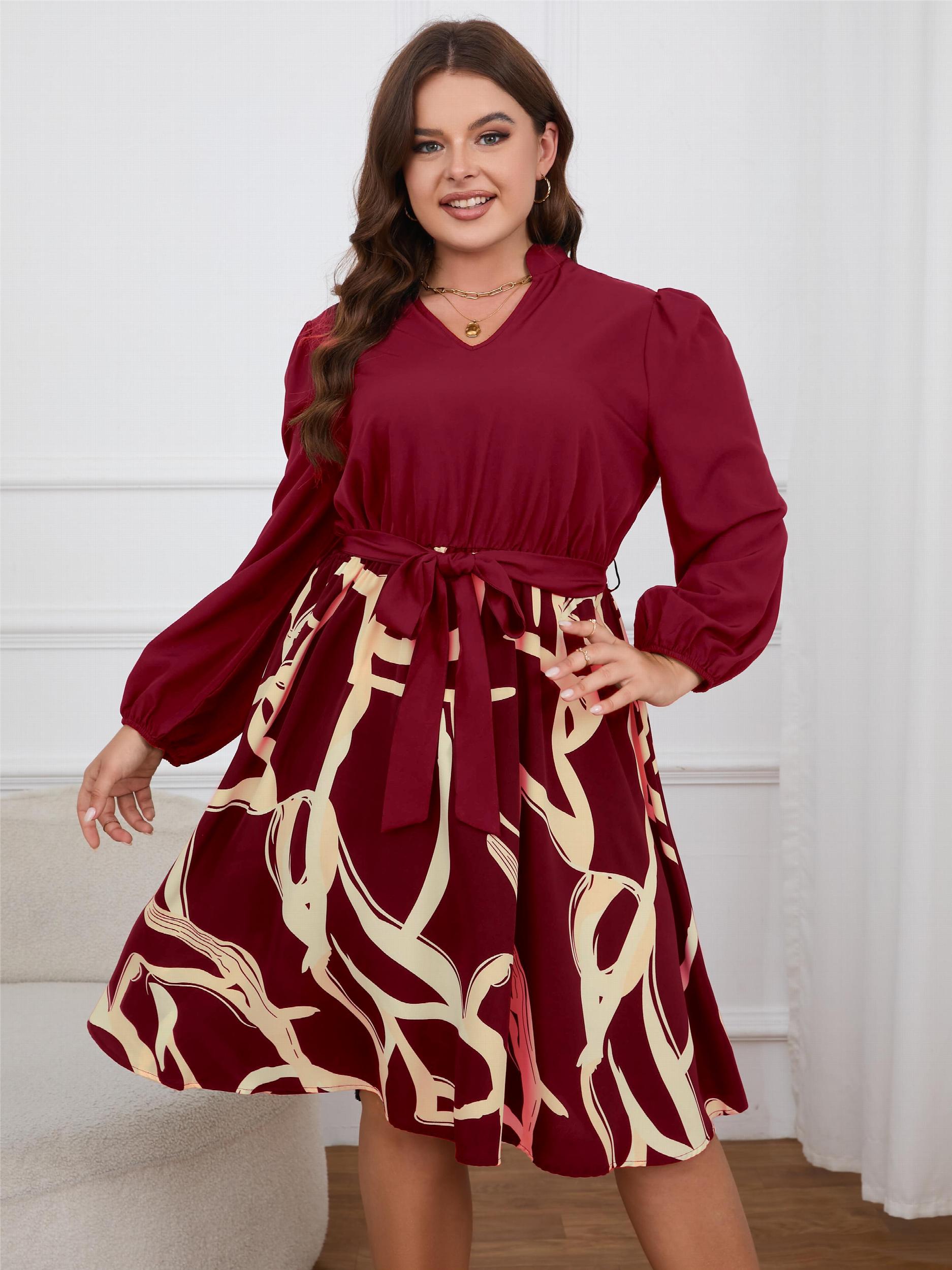 Plus Size Colorblock Abstract Stripe Lantern Sleeve Dress