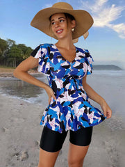 V Neck Tankini Set Peplum Boxer Short Bottom Swimsuit