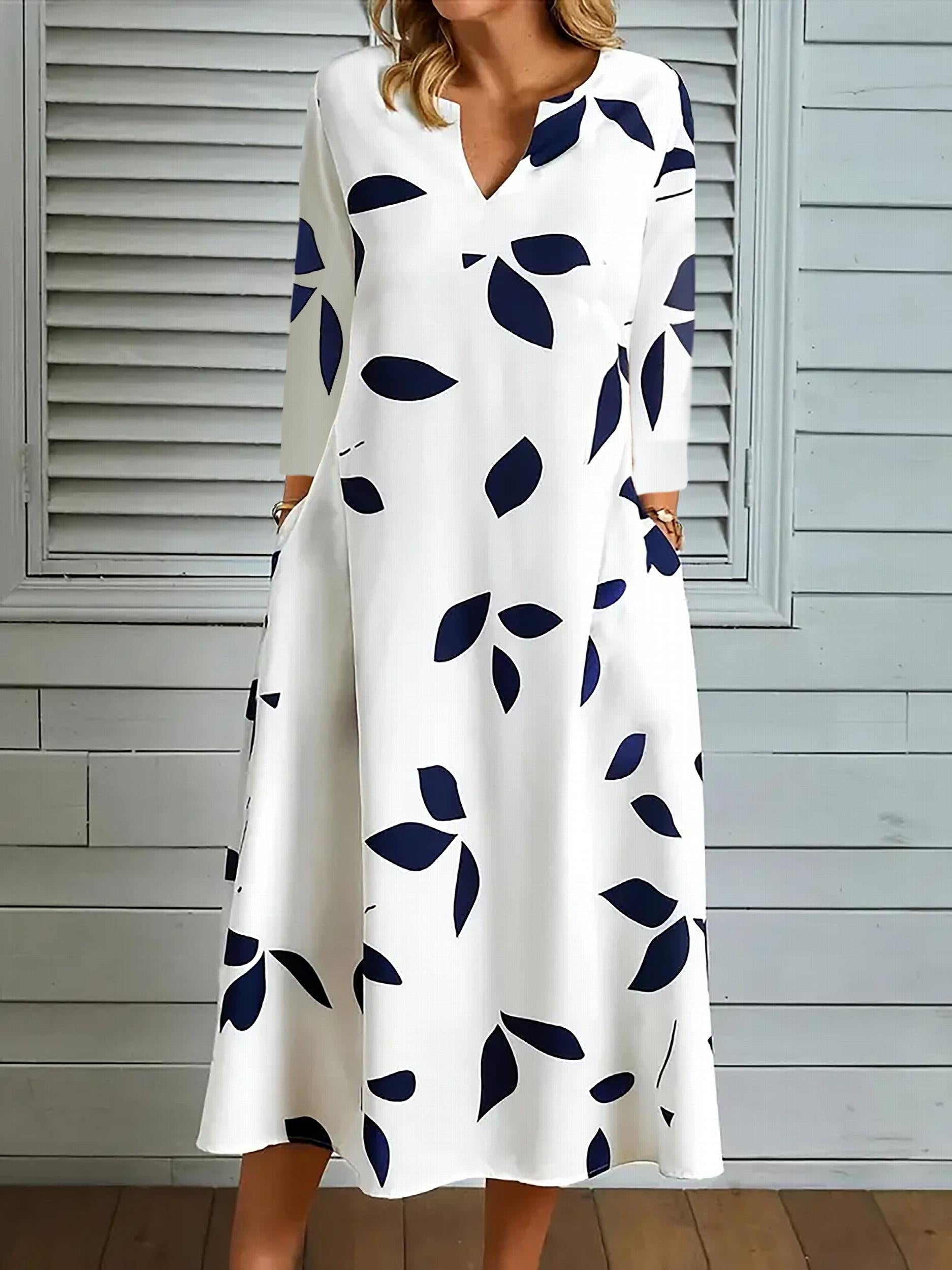 Leaf Print Three Quarter Sleeve Loose Fit Dress