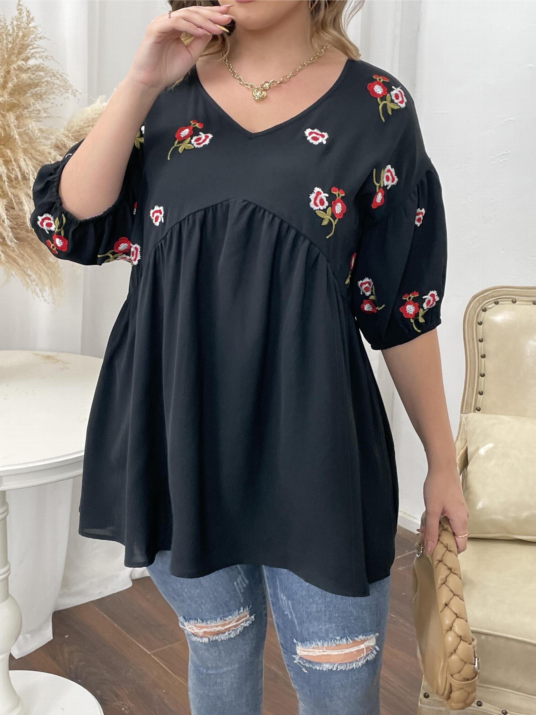 Floral Print V Neck Half Sleeve Peplum Blouse Women's Plus Casual Loose Fit Tops