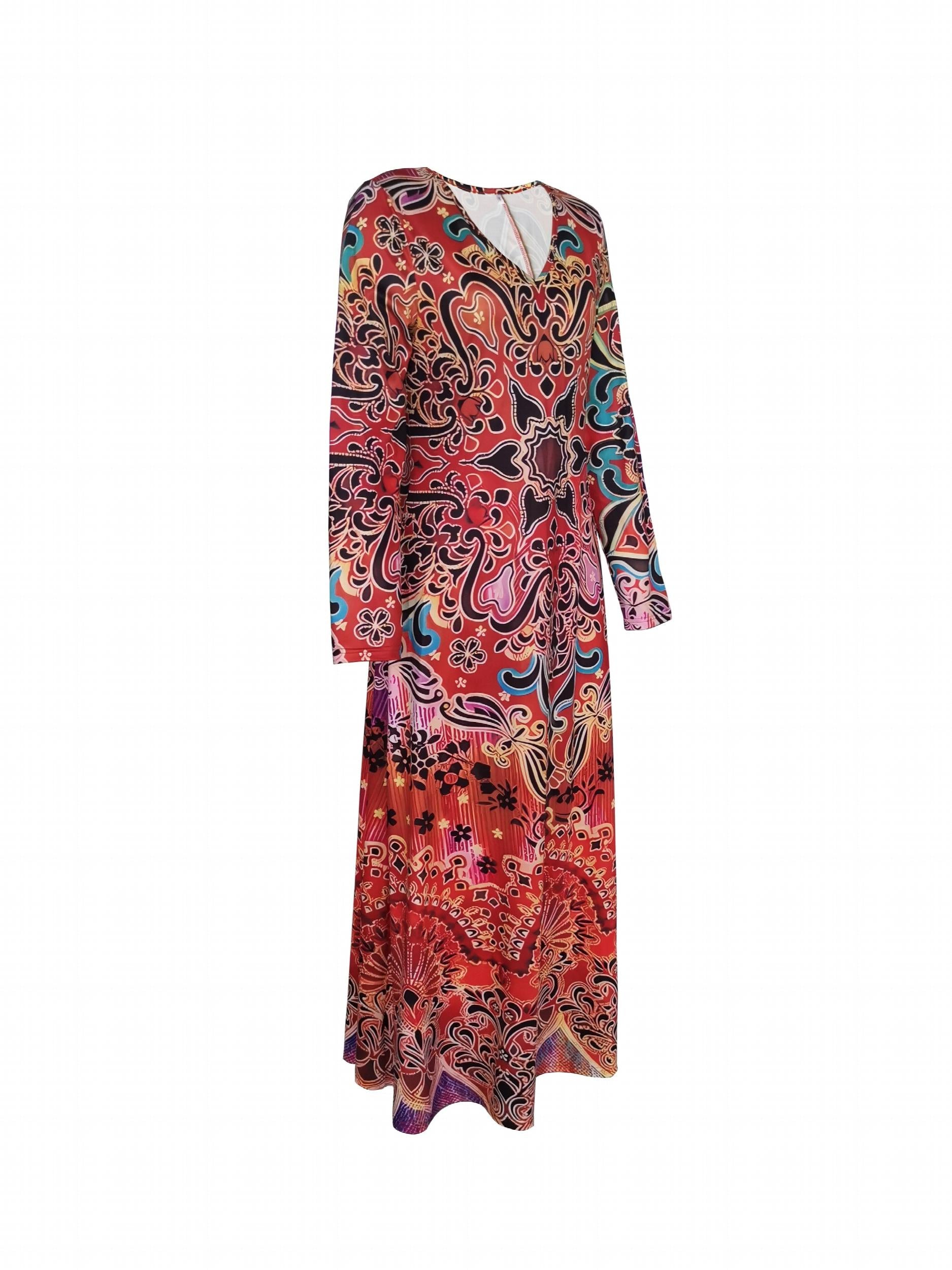 Ethnic Floral Print Dress V Neck Maxi Dress Women's Clothing