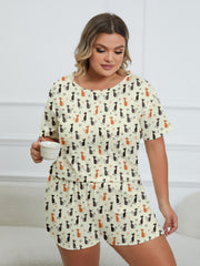 Cartoon Cat Print Tee & Shorts Pajama Set