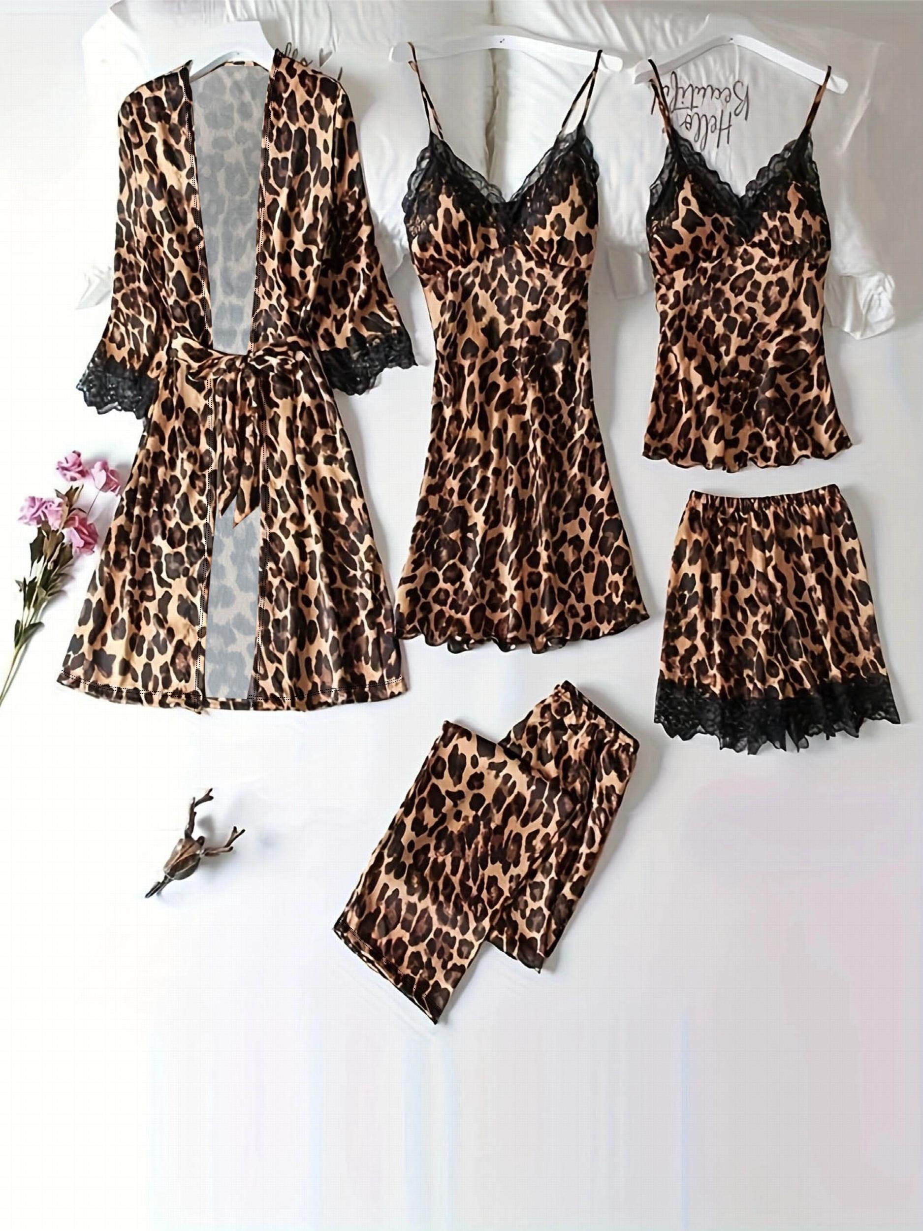 Sexy Leopard Print Lace Robe & Cami Dress Set