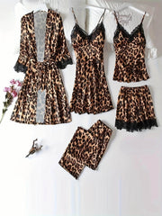 Sexy Leopard Print Lace Robe & Cami Dress Set