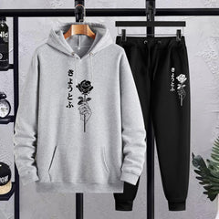 Rose Graphic Print Men's Hoodies & Pants Set Loose Plus Size Winter Fall