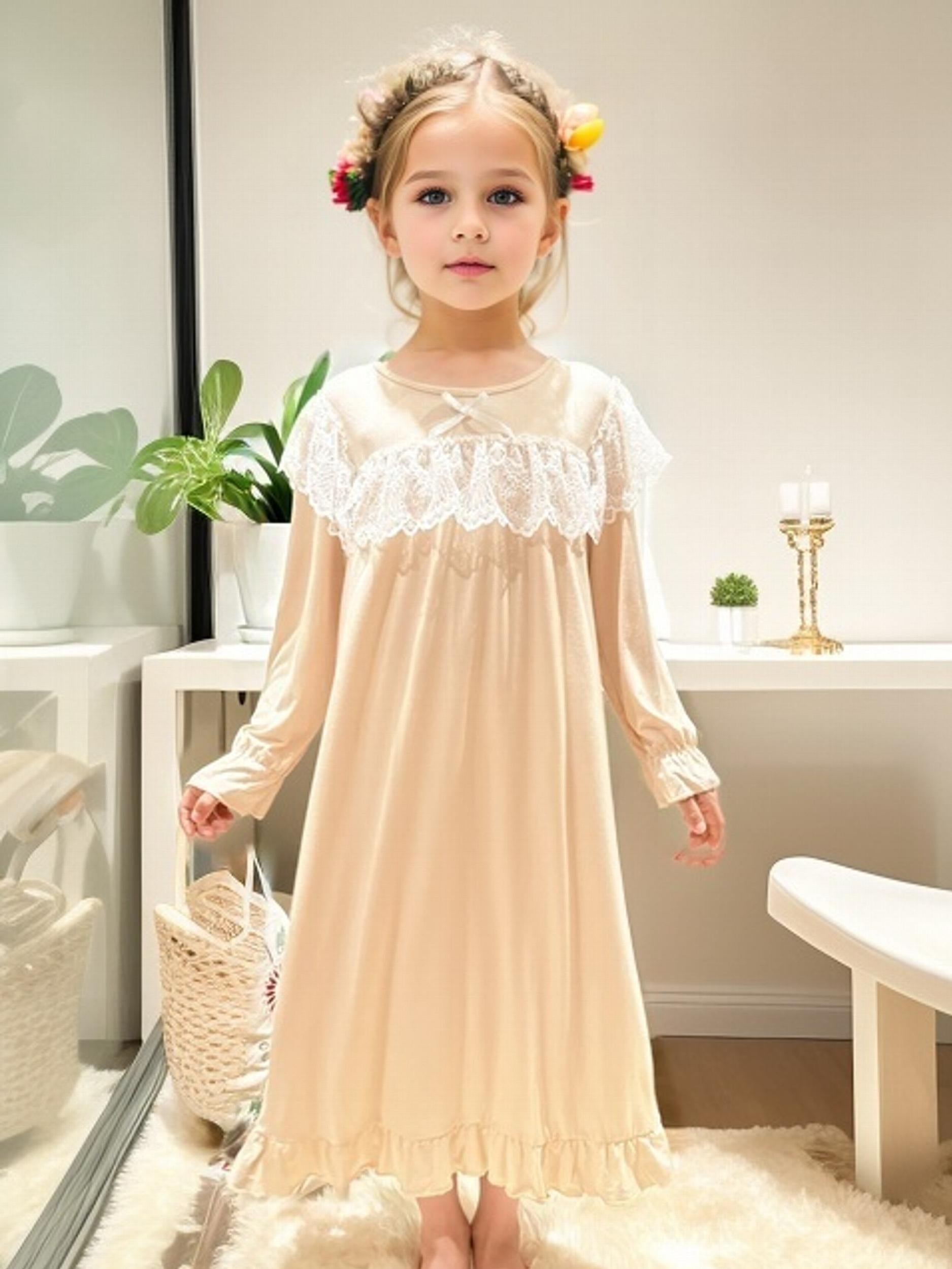 Girls Nightdress Long Sleeve Princess Dress Lace Bow Pajamas